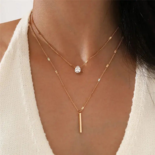 CRYSTAL GEOMETRIC GOLD COLOR PENDANT NECKLACE SET - SQUARE RHINESTONE VINTAGE JEWELRY