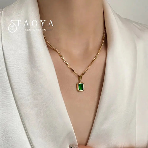 Necklace - European and American Gold Colour Stainless steel Chain Green Square Necklace Fashion Luxury Jewelry For Women's Clavicle Chain