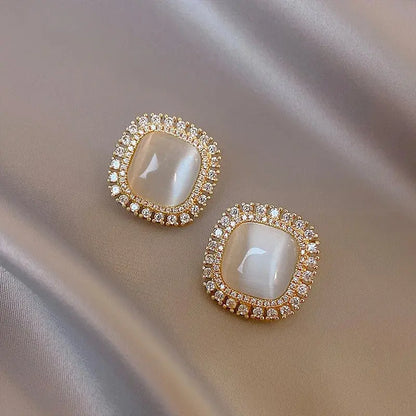 KOREAN - LUXURY SQUARE OPAL STUD EARRINGS - EXQUISITE ZIRCON GEOMETRIC