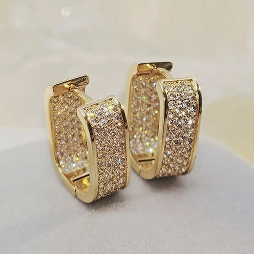 CONTRACTED DESIGN U HOOP METAL EARRINGS - FULL PAVED SHINY CZ STONE DAILY WEAR EXQUISITE