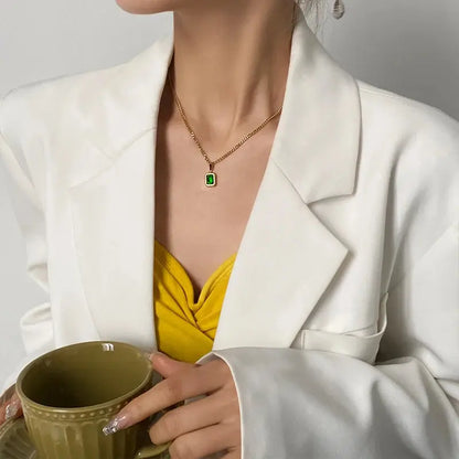 Necklace - European and American Gold Colour Stainless steel Chain Green Square Necklace Fashion Luxury Jewelry For Women's Clavicle Chain