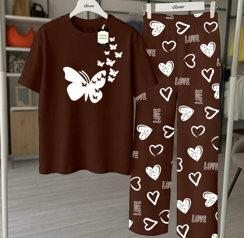 Brown Printed Nightwear Set With Love Heart Printed Trousers – Women's Lounge Wear