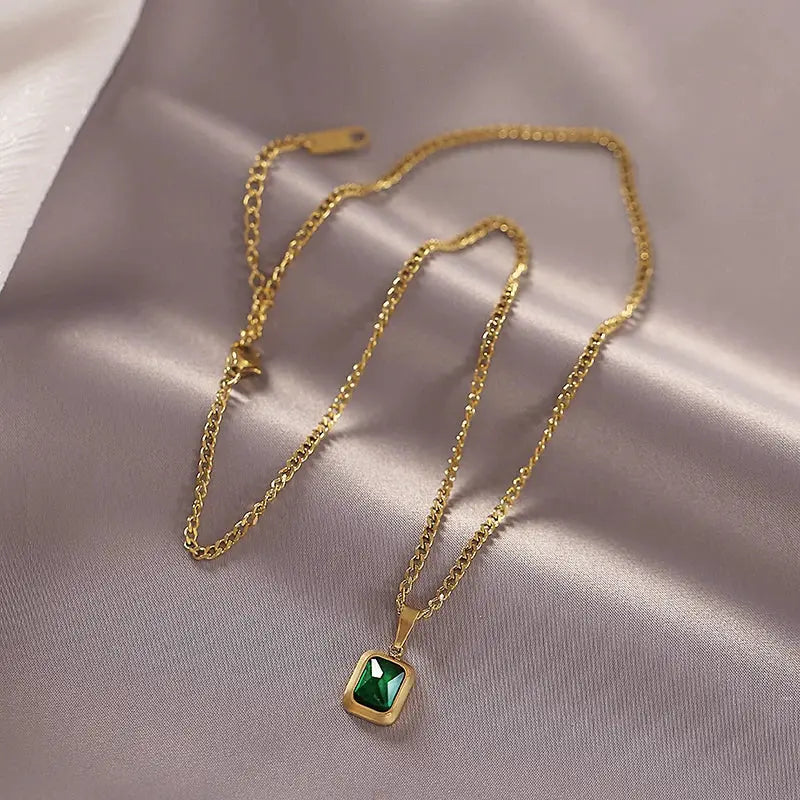 Necklace - European and American Gold Colour Stainless steel Chain Green Square Necklace Fashion Luxury Jewelry For Women's Clavicle Chain