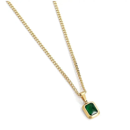 Necklace - European and American Gold Colour Stainless steel Chain Green Square Necklace Fashion Luxury Jewelry For Women's Clavicle Chain