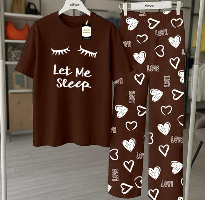 Brown Printed Nightwear Set With Love Heart Printed Trousers – Women's Lounge Wear