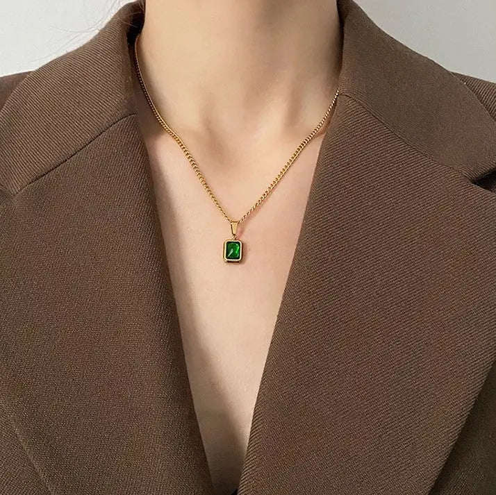 Necklace - European and American Gold Colour Stainless steel Chain Green Square Necklace Fashion Luxury Jewelry For Women's Clavicle Chain