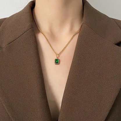 Necklace - European and American Gold Colour Stainless steel Chain Green Square Necklace Fashion Luxury Jewelry For Women's Clavicle Chain
