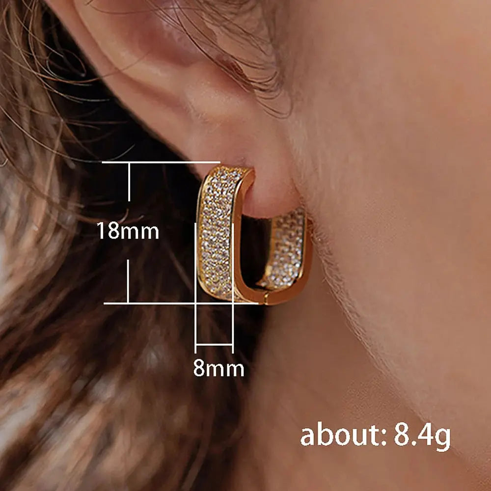 CONTRACTED DESIGN U HOOP METAL EARRINGS - FULL PAVED SHINY CZ STONE DAILY WEAR EXQUISITE
