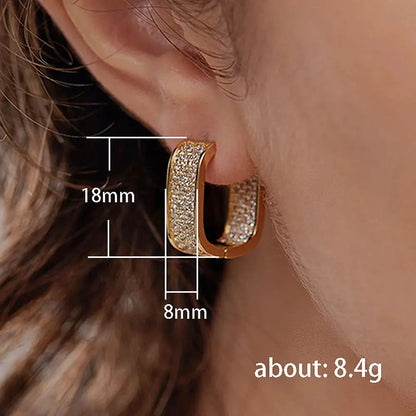 CONTRACTED DESIGN U HOOP METAL EARRINGS - FULL PAVED SHINY CZ STONE DAILY WEAR EXQUISITE