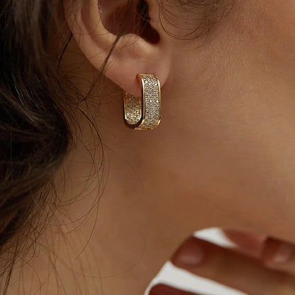 CONTRACTED DESIGN U HOOP METAL EARRINGS - FULL PAVED SHINY CZ STONE DAILY WEAR EXQUISITE