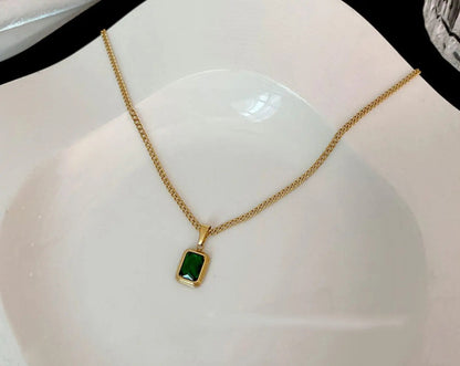 Necklace - European and American Gold Colour Stainless steel Chain Green Square Necklace Fashion Luxury Jewelry For Women's Clavicle Chain