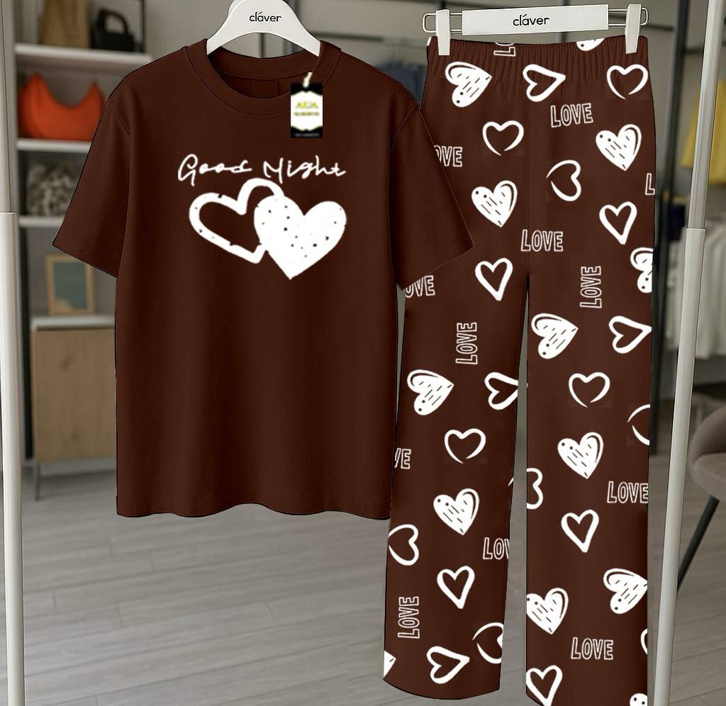 Brown Printed Nightwear Set With Love Heart Printed Trousers – Women's Lounge Wear