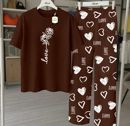 Brown Printed Nightwear Set With Love Heart Printed Trousers – Women's Lounge Wear