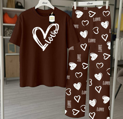 Brown Printed Nightwear Set With Love Heart Printed Trousers – Women's Lounge Wear