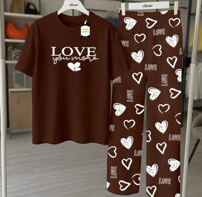 Brown Printed Nightwear Set With Love Heart Printed Trousers – Women's Lounge Wear