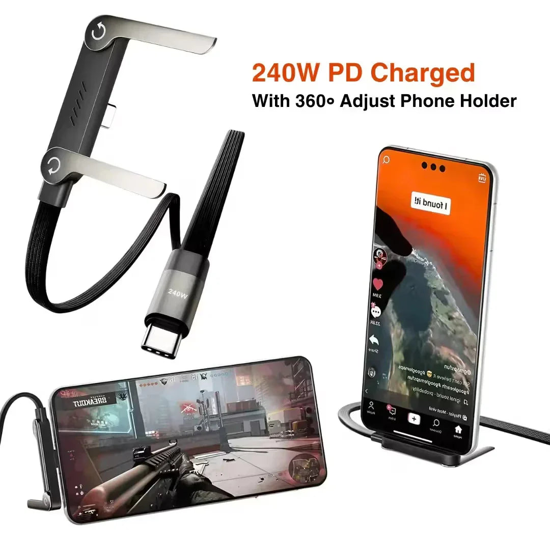 2-in-1, 240W Type C Fast Charging Cable with 360° Aluminum Phone Stand