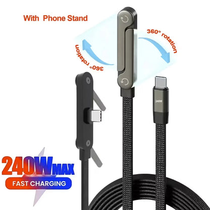 2-in-1, 240W Type C Fast Charging Cable with 360° Aluminum Phone Stand