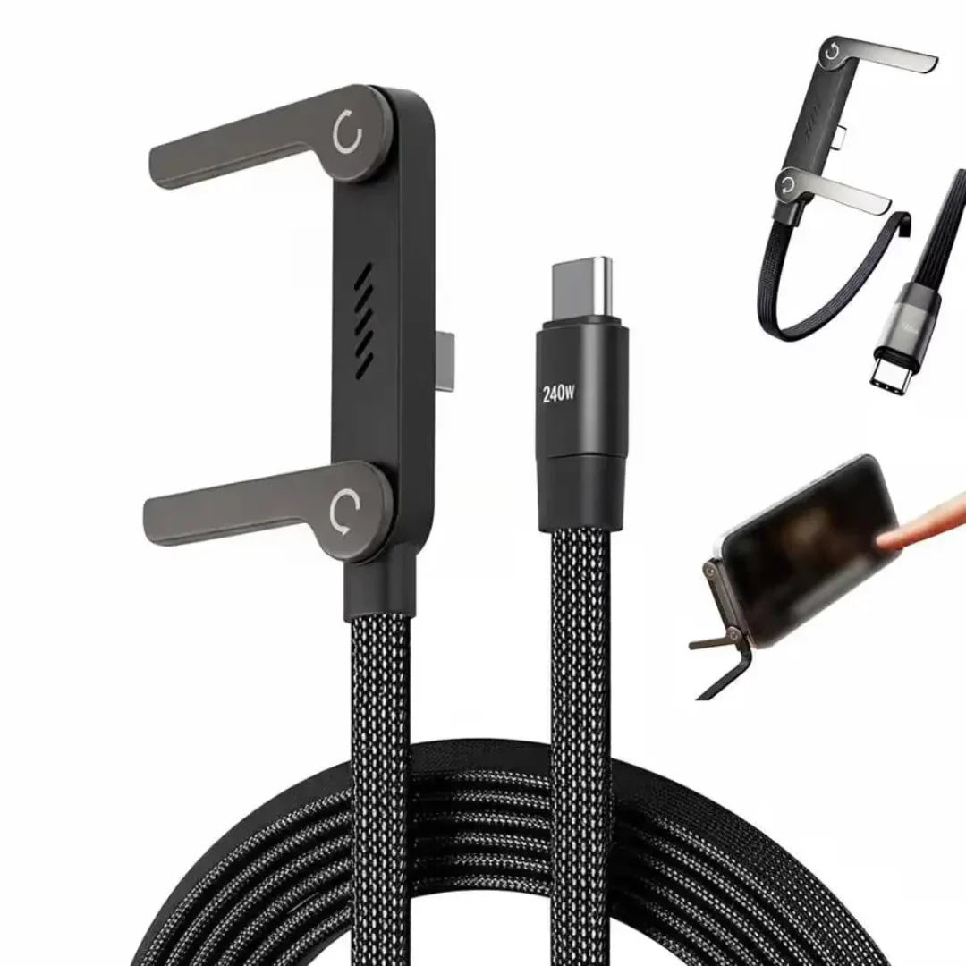 2-in-1, 240W Type C Fast Charging Cable with 360° Aluminum Phone Stand