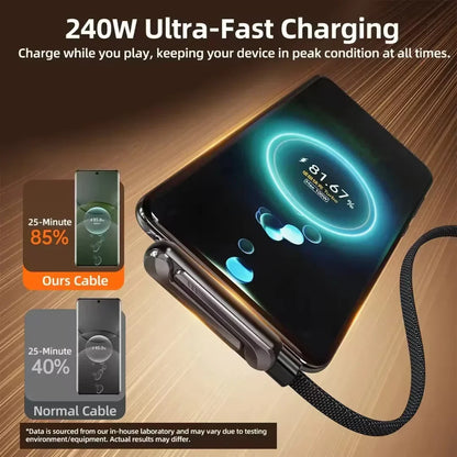 2-in-1, 240W Type C Fast Charging Cable with 360° Aluminum Phone Stand