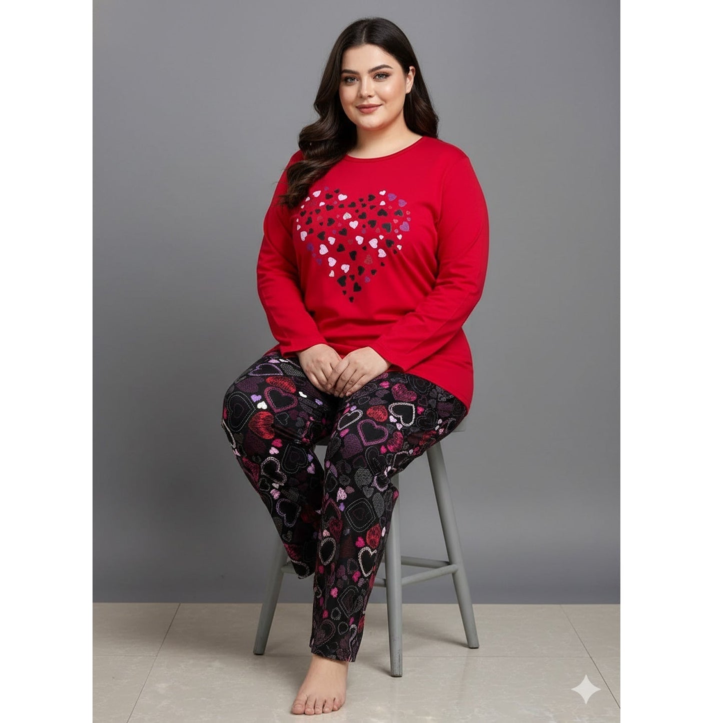 Red Heart Print Cotton Pajama Set PSW-10298