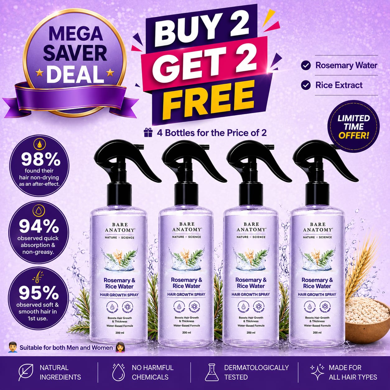 Rosemary & Rice Water Spray For Natural Hair Growth & Hair Thickness