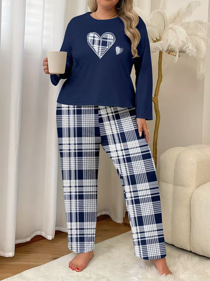 Cozy Plus Size Women's Pajama Set - Heart Print Long Sleeve Top & Plaid Pants, Elegant Loungewear for Fall/Winter