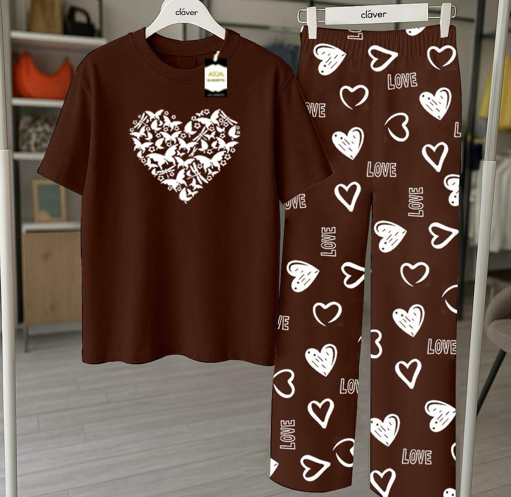Brown Printed Nightwear Set With Love Heart Printed Trousers – Women's Lounge Wear
