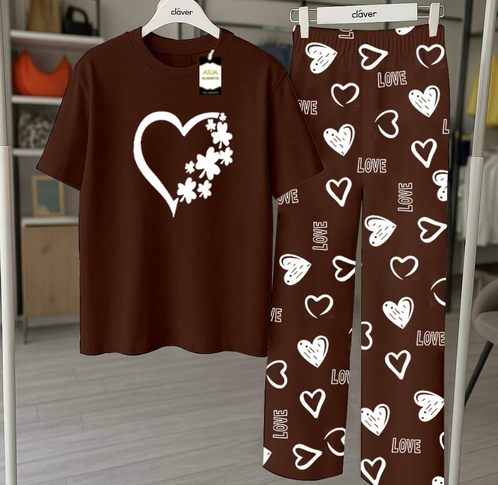 Brown Printed Nightwear Set With Love Heart Printed Trousers – Women's Lounge Wear