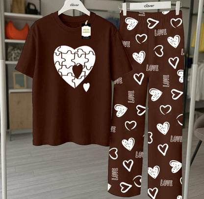 Brown Printed Nightwear Set With Love Heart Printed Trousers – Women's Lounge Wear