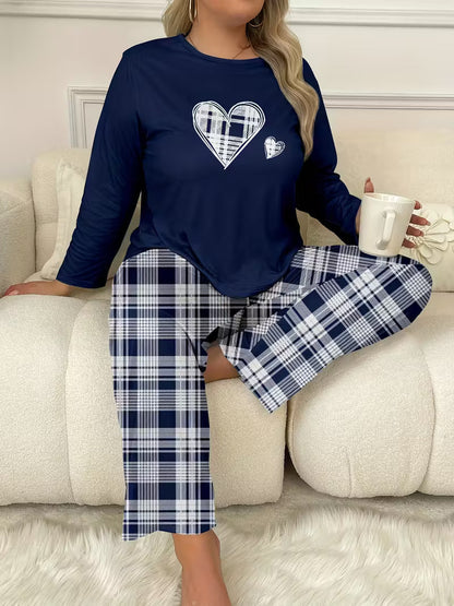 Cozy Plus Size Women's Pajama Set - Heart Print Long Sleeve Top & Plaid Pants, Elegant Loungewear for Fall/Winter