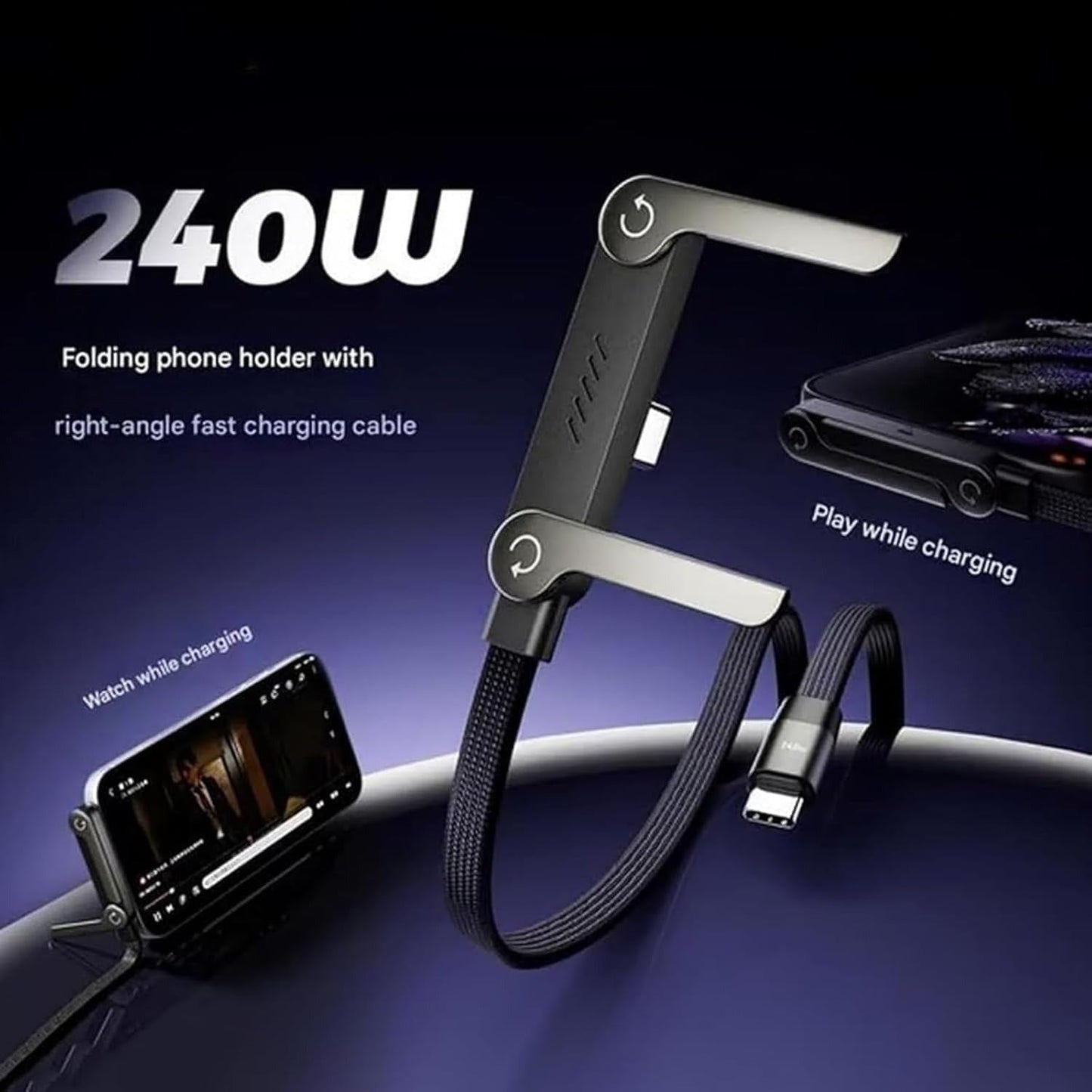 240W Type C Fast Charging Cable with Invisible Holder – 2-in-1 Mobile Stand Cable